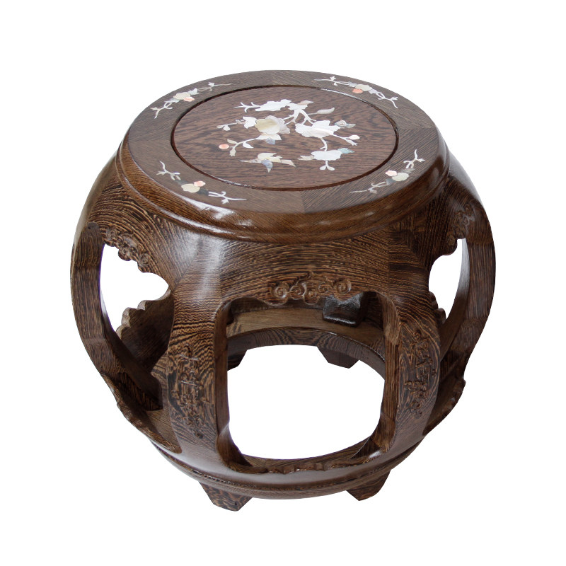实木木鼓仿古中式贝壳雕花家用客厅红木圆凳鼓墩