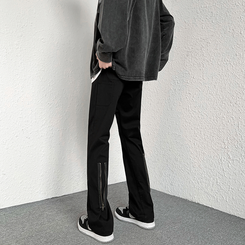 欧美高街vibe裤子男潮ins复古拉链微喇直筒裤设计感小众休闲长裤