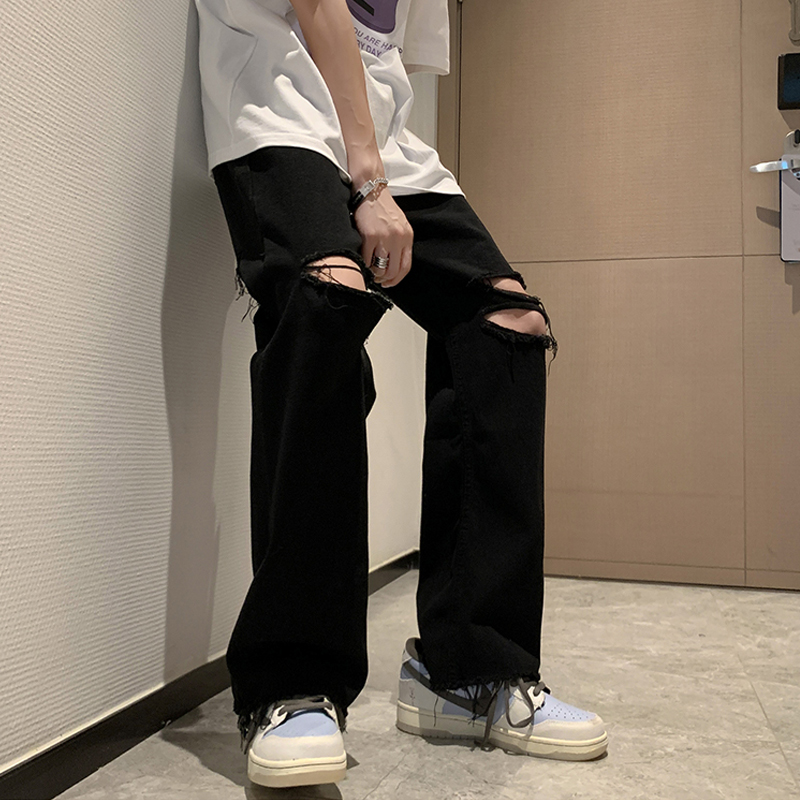 美式复古黑色破洞牛仔裤男设计感毛边直筒裤子高街潮牌夏季九分裤