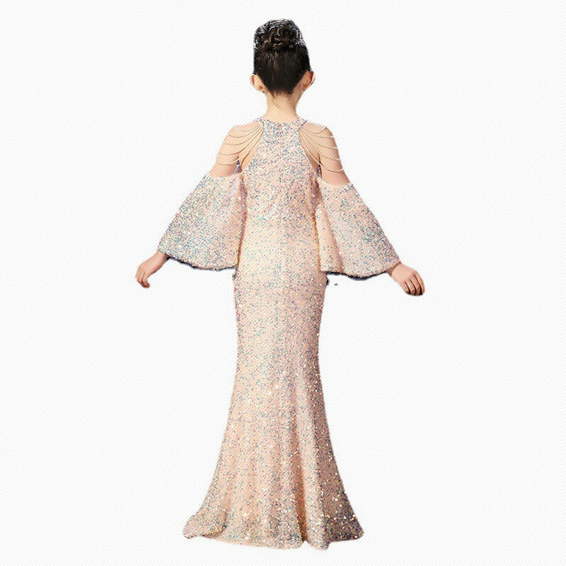 新潮欧美走秀高端公主裙模特儿童晚礼服女童主持人鱼尾小众亮片演