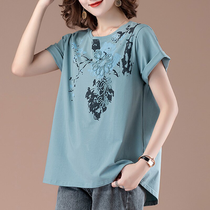 中老年女装夏装上衣中年妇女印花中袖纯棉t恤妈妈装打底女式汗衫