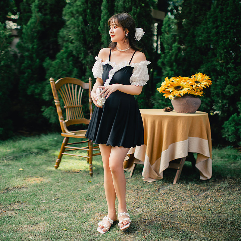 nazal微胖mm温泉一字肩大码泳衣女胖妹妹遮肚连体泳衣