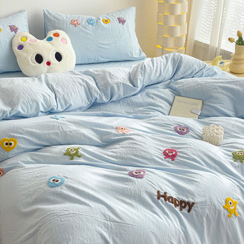 2024 New Cute Embroidered Little Monster Cotton Sheets Four-piece Set Pure Cotton Quilt Cover Sheets Bedding 3