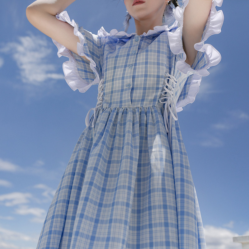 芝士日天空笺蓝色格喇叭蓝白连衣裙软妹裙子日系连衣裙