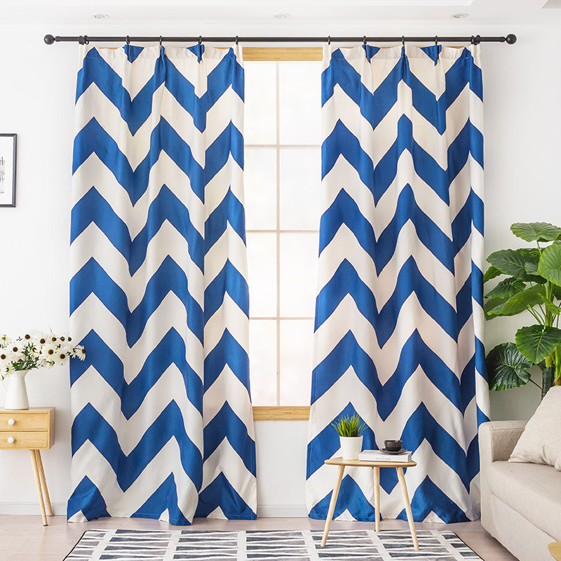 蓝色菱形印花窗帘定制制成品现代简约风格北欧客厅定制窗帘