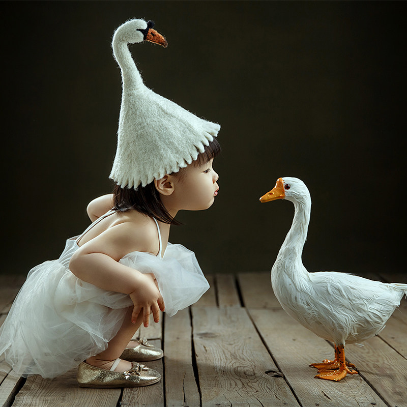 叁莯原创羊毛毛毡手工森系气质天鹅帽子儿童帽子