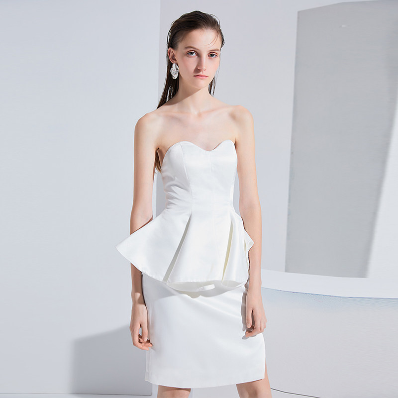 shirleyyu春夏新品欧美白色套装荷叶性感抹胸礼服