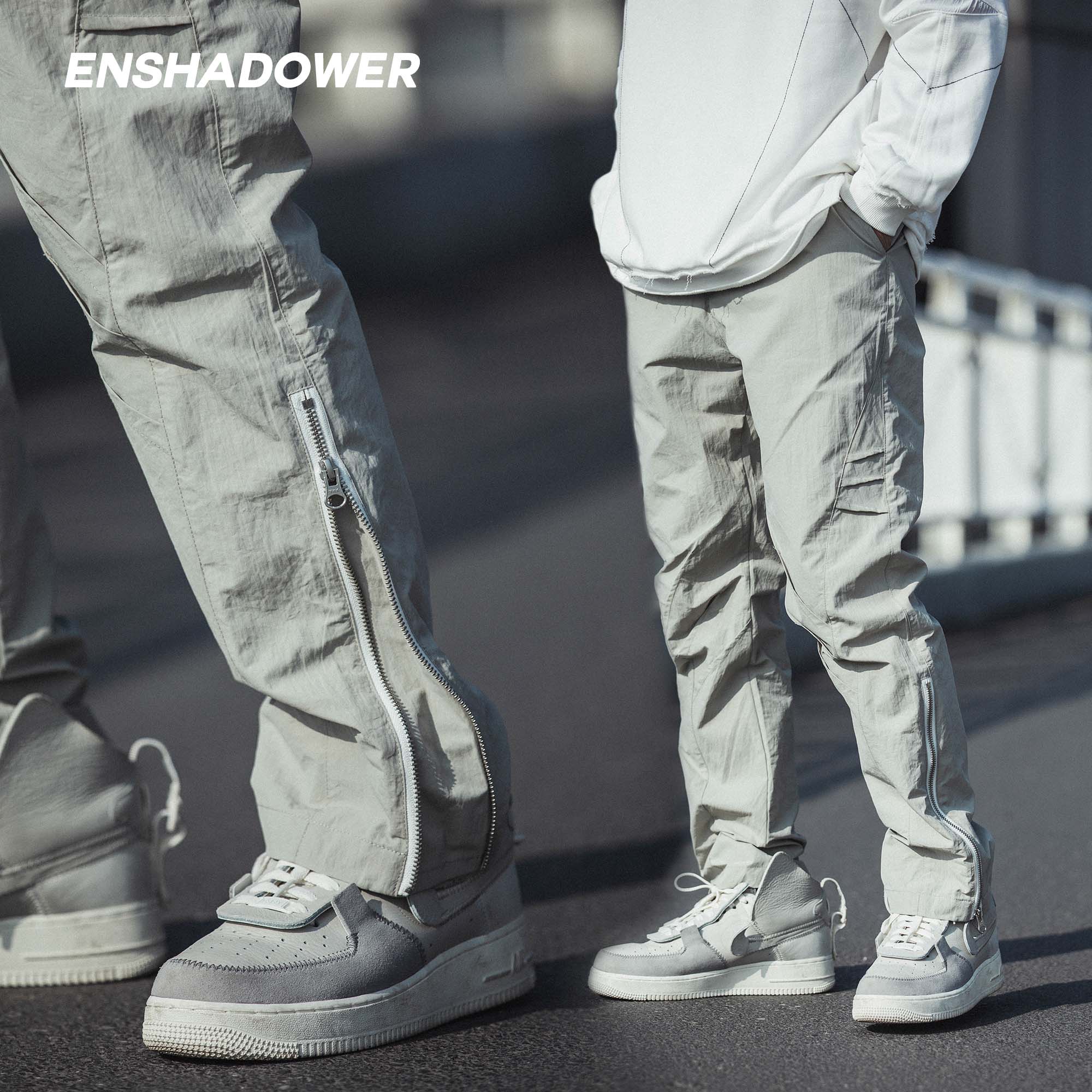 ENSHADOWER隐蔽者春秋褶裥休闲裤子男宽松脚口开叉浅色百搭长裤
