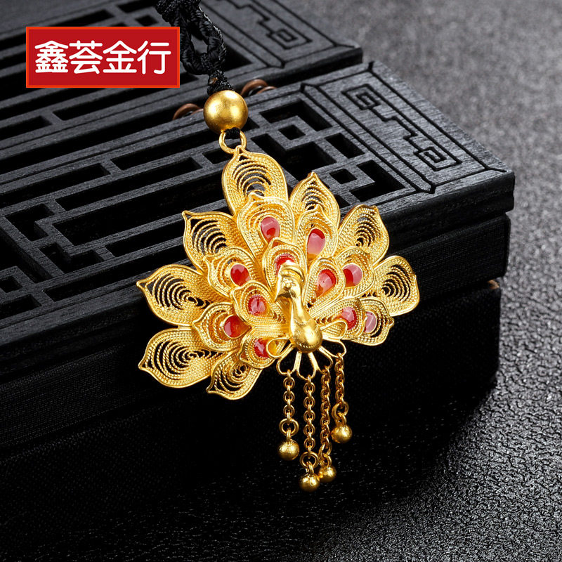 吊坠古法黄金凤凰手工传承孔雀毛衣黄金足金坠子颈饰