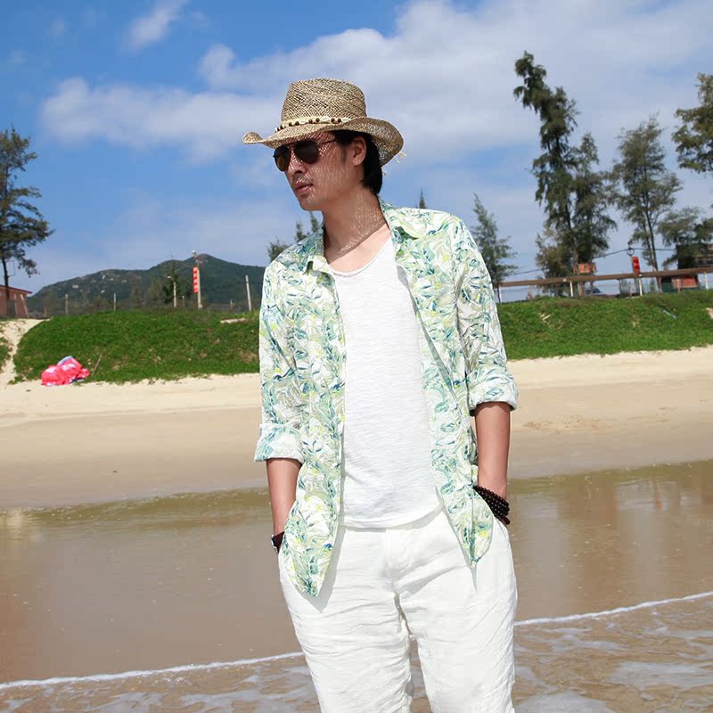 新款长袖棉麻衬衫休闲舒适沙滩度假夏威夷印花