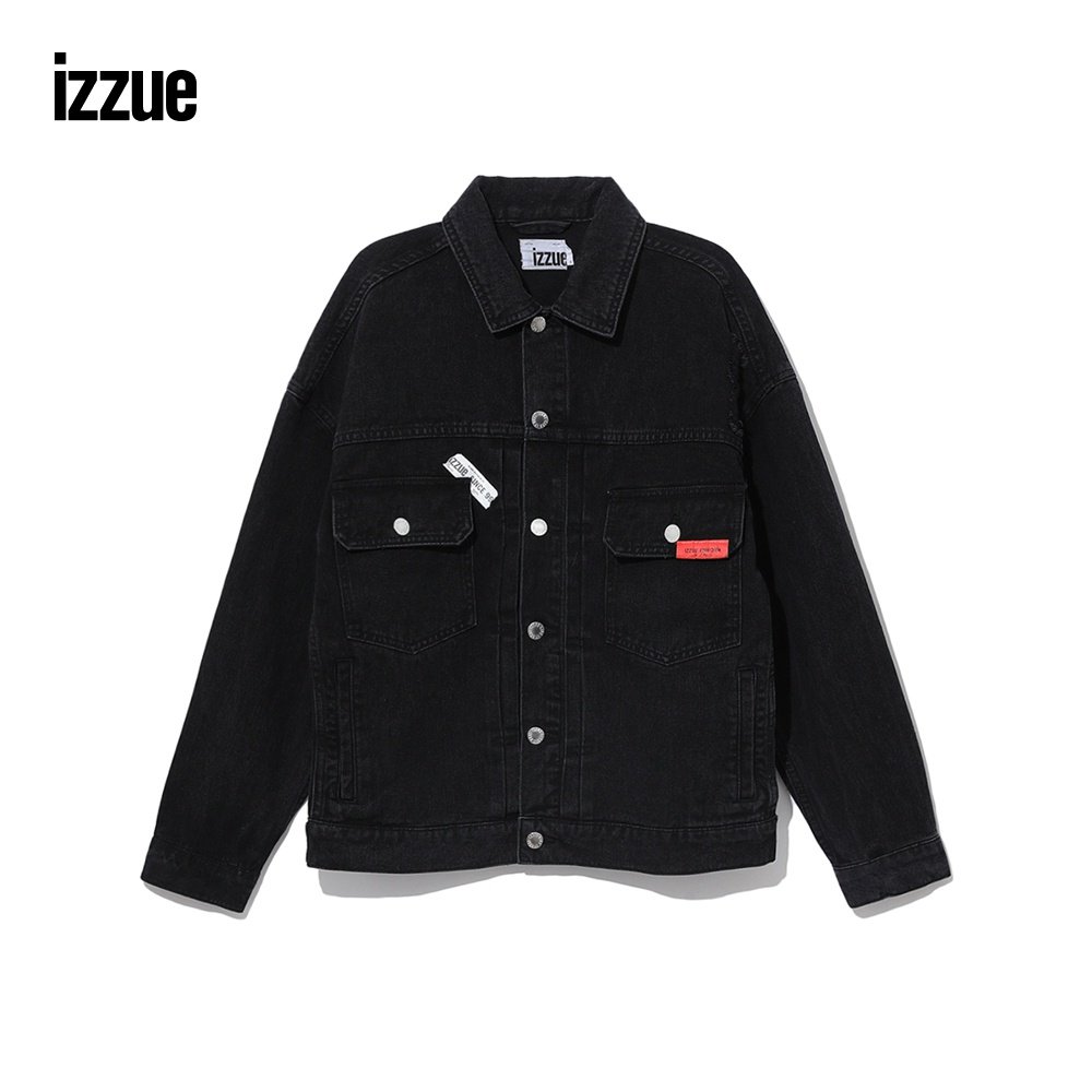 izzue女装牛仔夹克春秋潮流刷破破洞logo贴条短外套