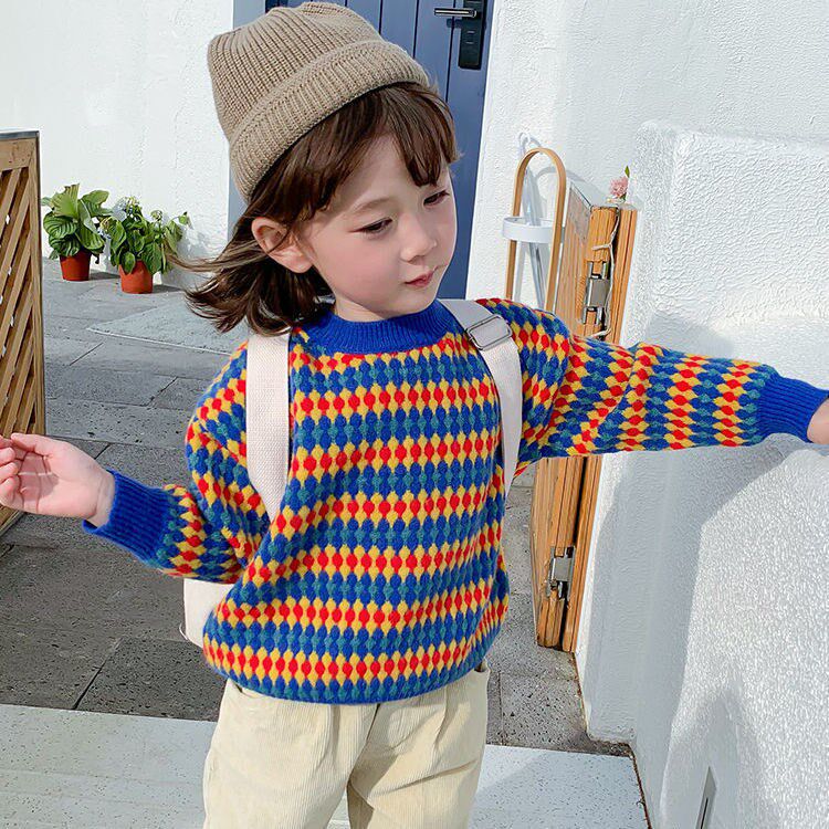 女童套头毛衣2021新款撞色条纹儿童针织衫宝宝毛衣