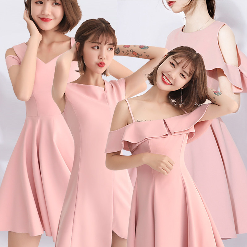 姐妹团伴娘服礼服2022新款夏季缎面伴娘裙小个子短款创意粉色显瘦