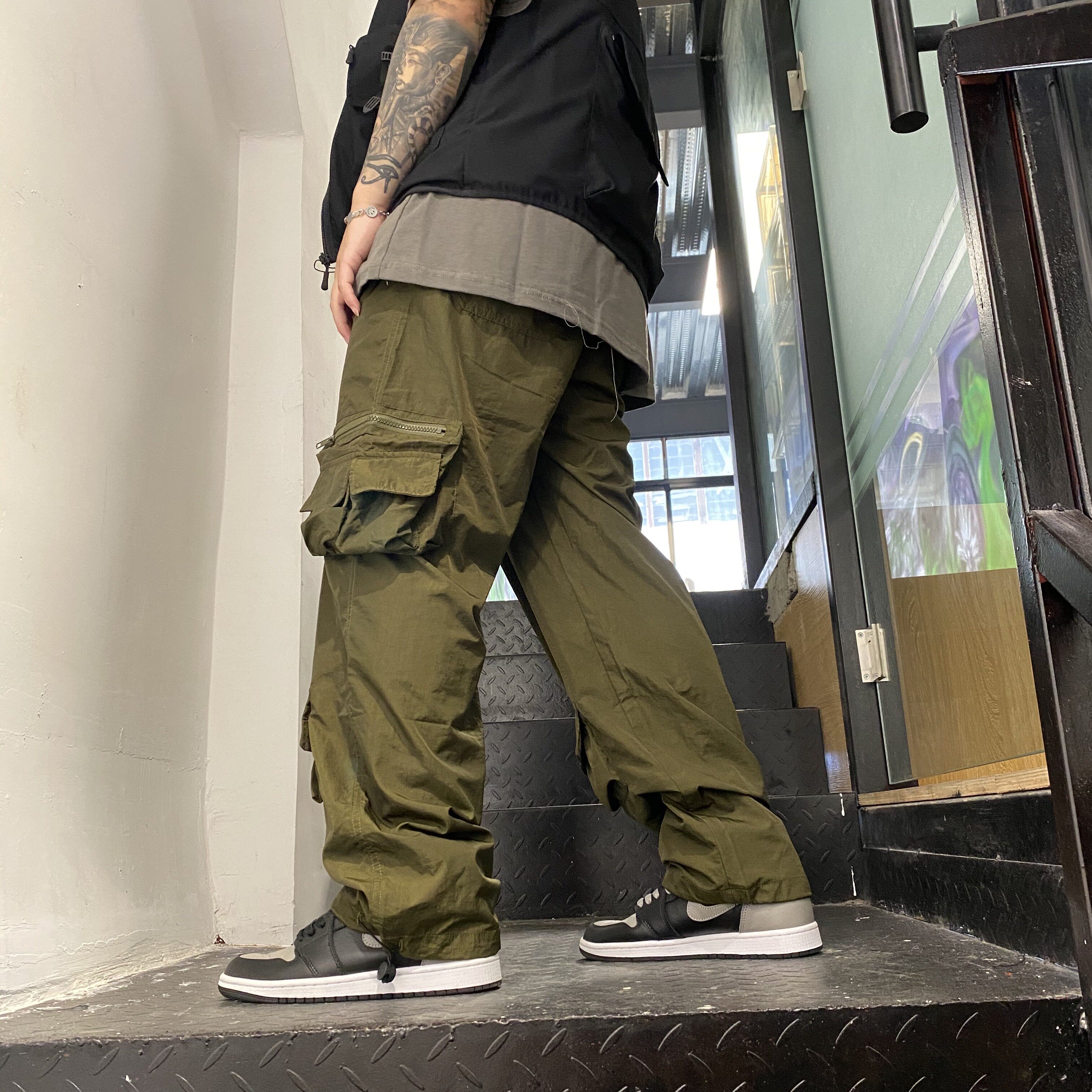 ins潮牌日系 百搭休闲纯色多口袋工装裤直筒宽松阔腿男女束脚长裤