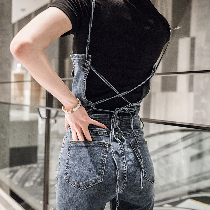 背带裤女裤子韩版露背绑带牛仔吊带裤排扣微喇牛仔裤连衣裤连体裤