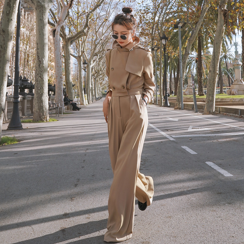 工装套装女2021新款连体衣女装高腰阔腿连衣裤长袖西装连体裤秋冬