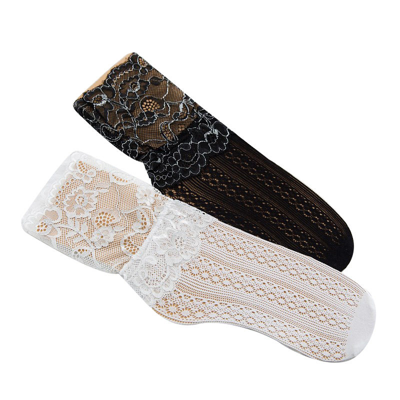 韩国蕾丝女袜中高镂空网眼堆堆白色时尚复古中筒袜