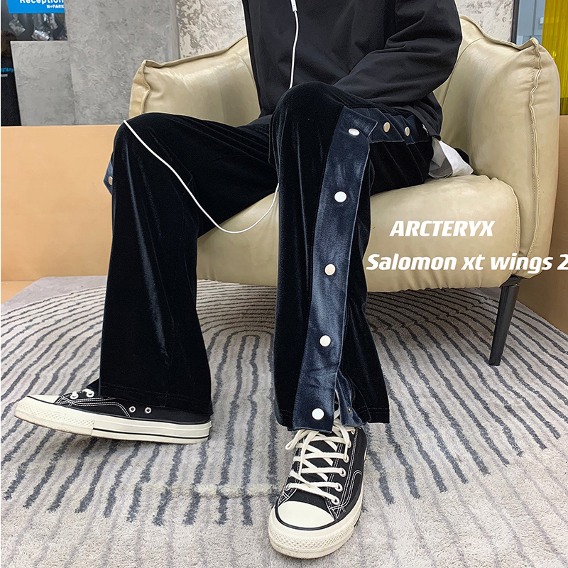 丝绒高级感炸街裤子盐系日系开叉阔腿裤男欧美高街vibe排扣运动裤