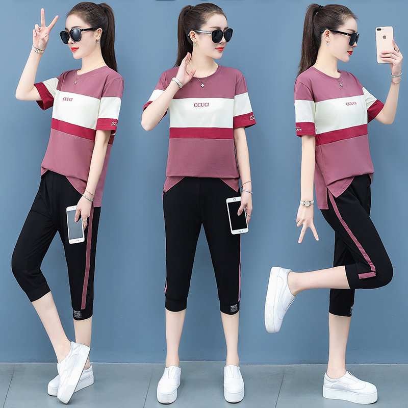 纯棉运动套装女夏季2020年新款韩版宽松时尚拼接条纹休闲服两件套