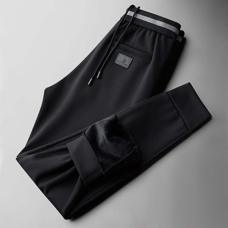 简欧轻奢品质冬季加绒保暖垂感黑色休闲运动裤男修身束脚裤子男士