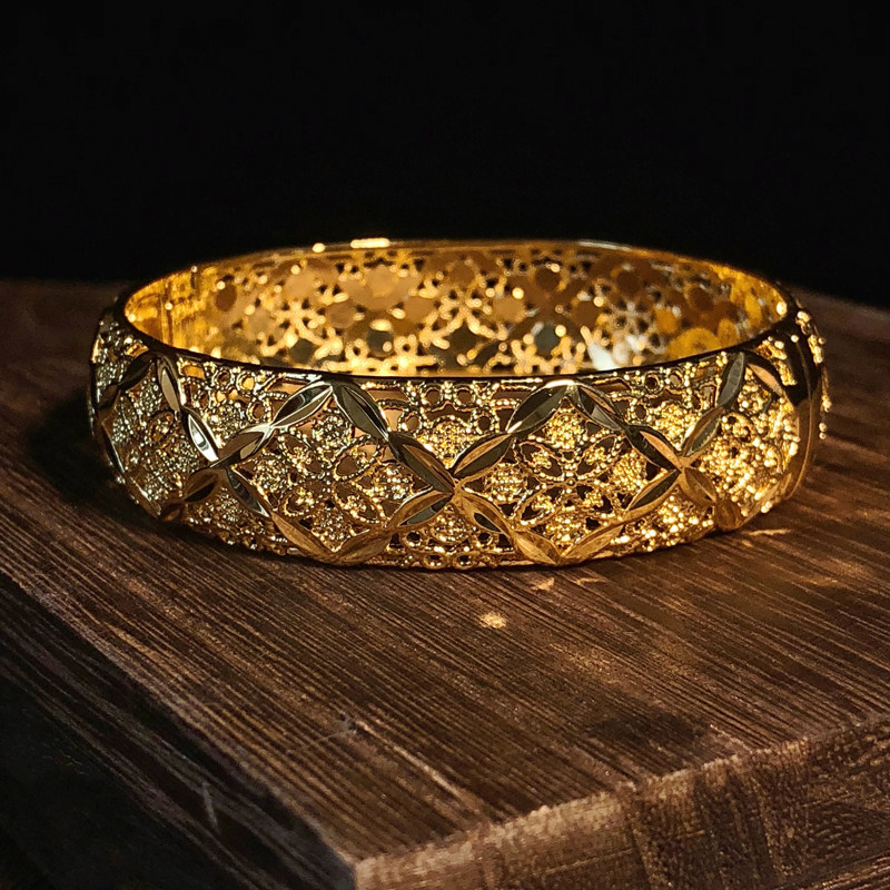 复古中式金色新娘手镯黄金铜镀沙金金手环开口手镯