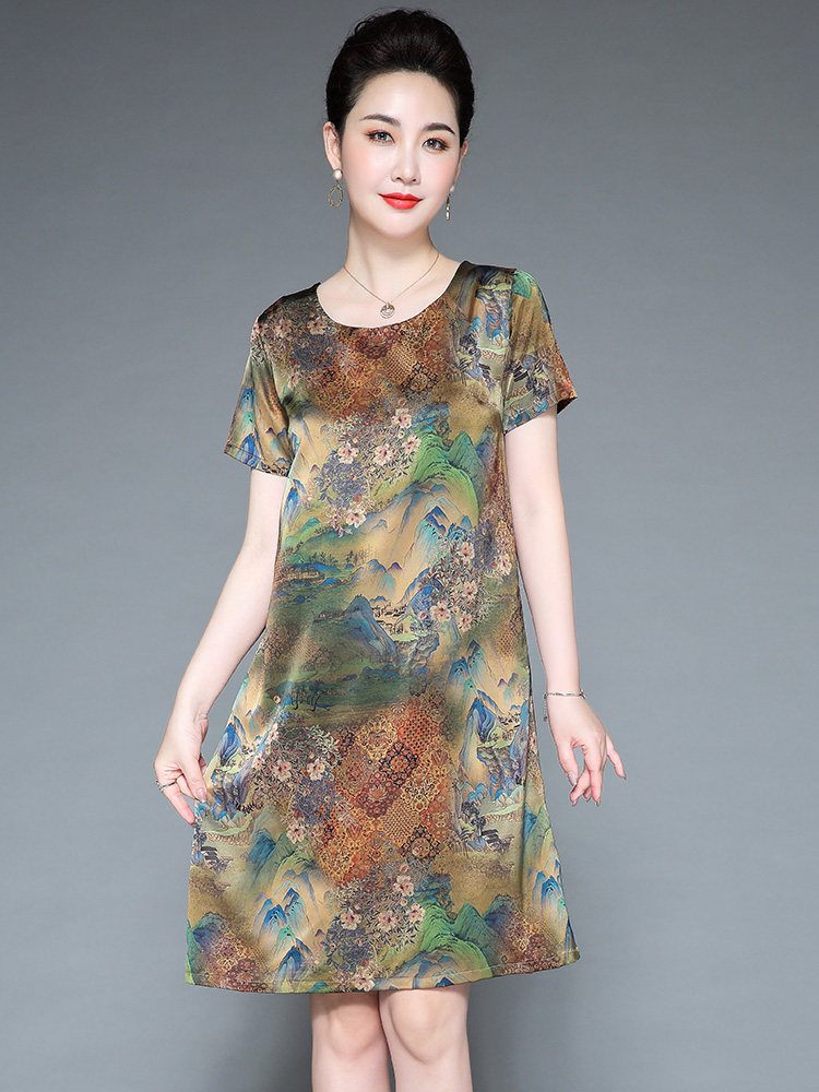 2022年正品哥弟新桑蚕丝真丝连衣裙印花高端大码夏装妈妈女装裙子