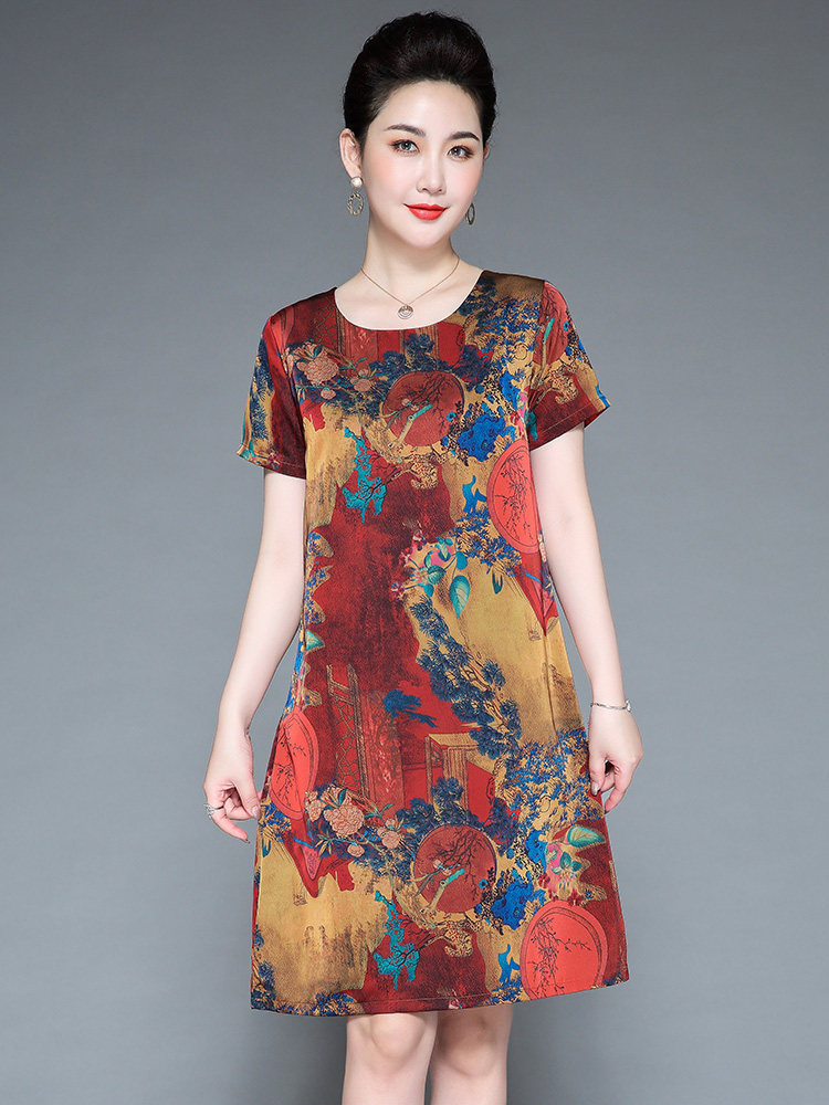 2022年正品哥弟新桑蚕丝真丝连衣裙印花高端大码夏装妈妈女装裙子