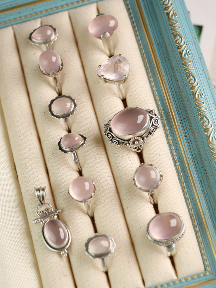 尼泊尔手工纯银s925开口镶嵌芙蓉石粉晶戒指环戒指