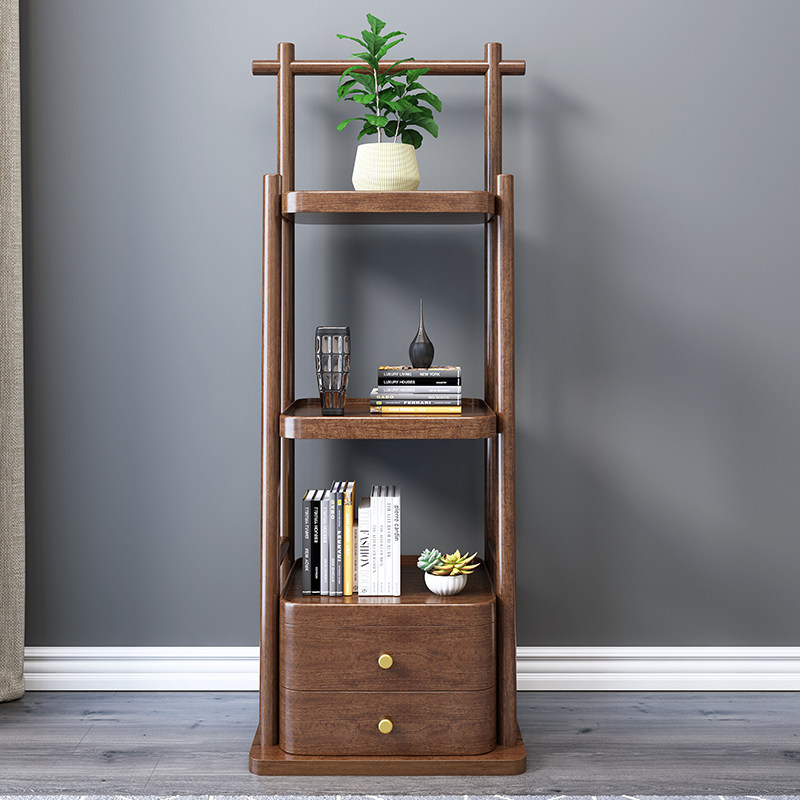 置物架新中式中式胡桃木落地实木花架简约现代家用搁板