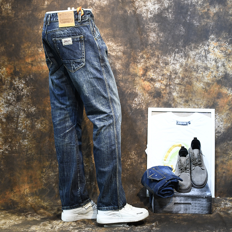秋冬款潮牌牛仔裤男士欧美简约复古牛仔裤做旧宽松直筒休闲长裤潮