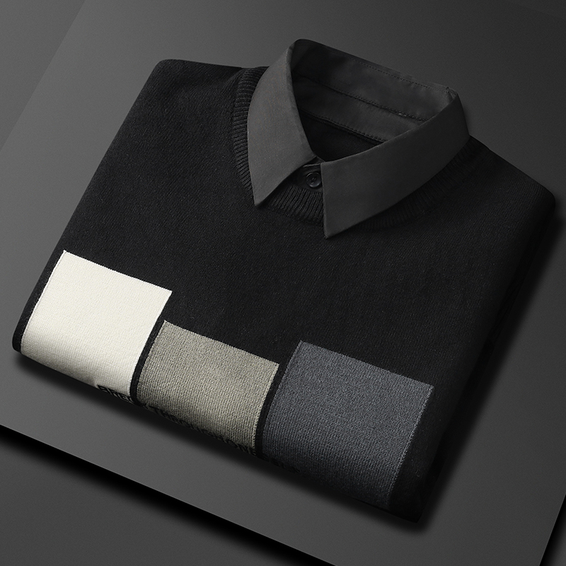 假两件衬衫领毛衣男冬季2021新款潮流加绒加厚打底针织衫长袖上衣