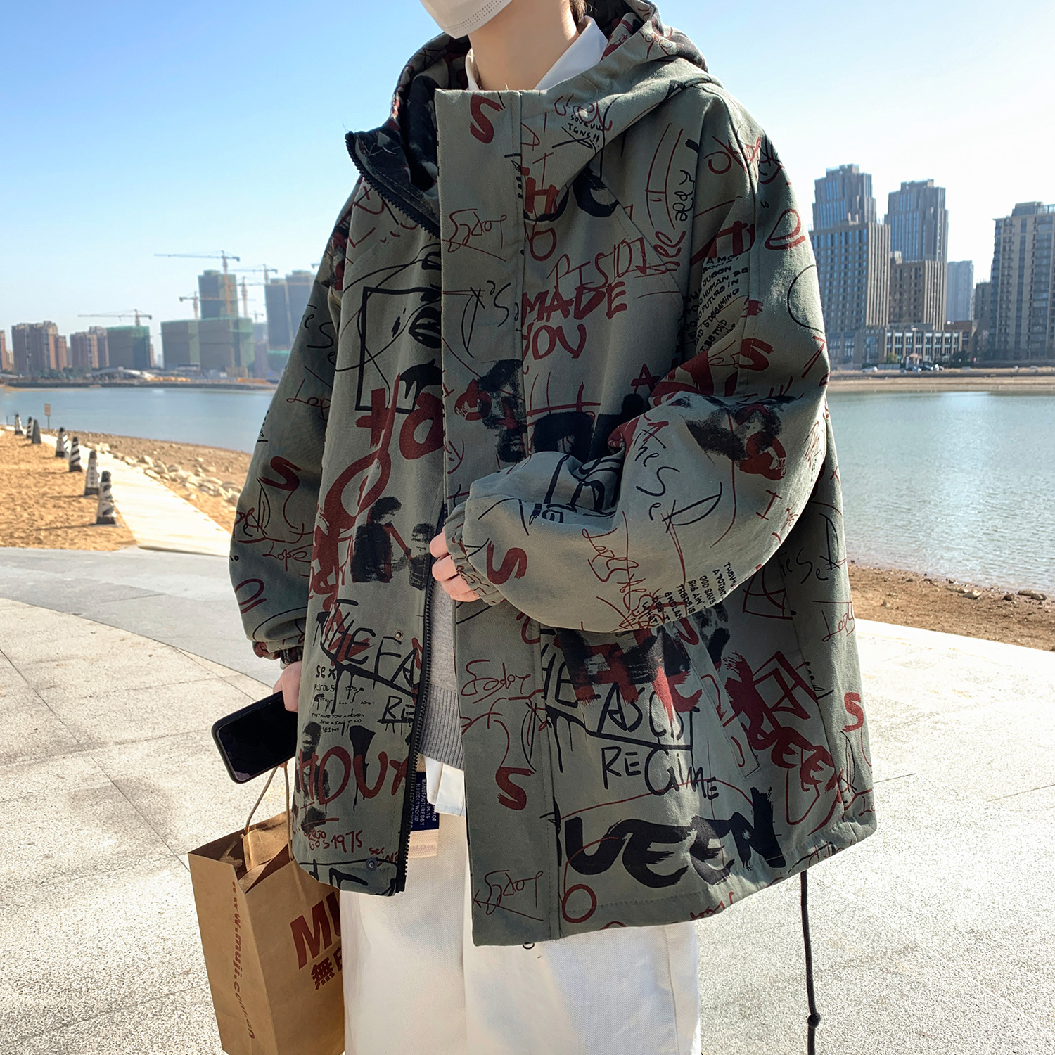 欧美外套男士秋冬加厚嘻哈潮牌ins港风高街印花棉衣连帽工装夹克