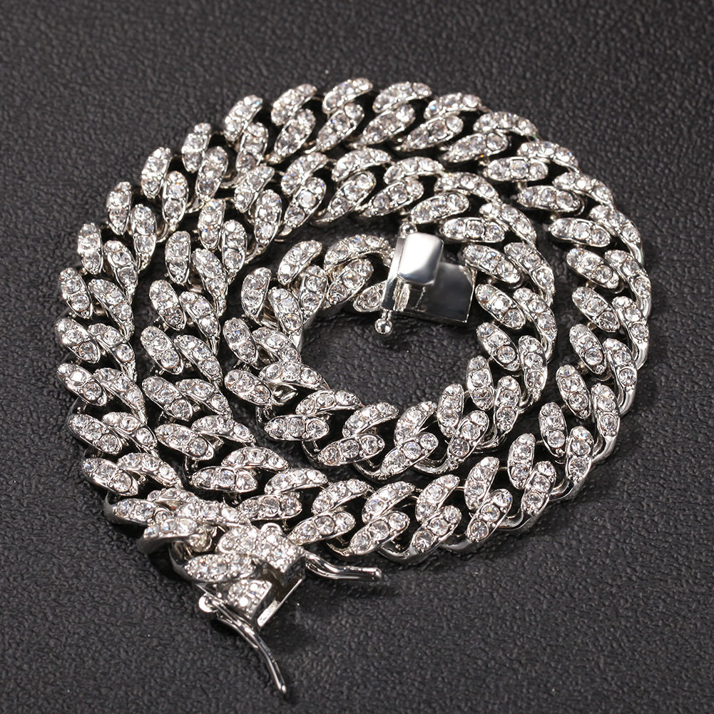 欧美街头hiphop粗颈12mm镶钻合金古巴项链说唱项链