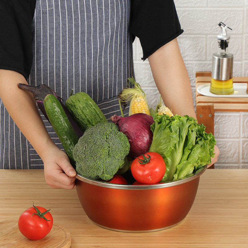 不锈钢彩色家用圆形大号厨房盆子汤盆打蛋和面盆