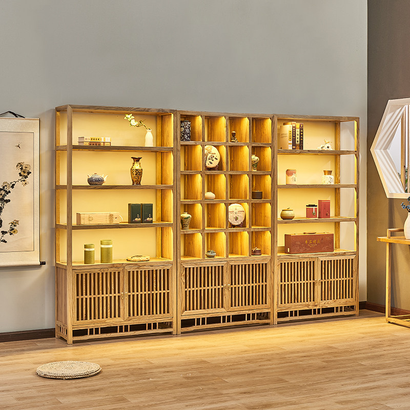 中式榆木茶叶展示架紫砂壶茶壶茶饼实木带灯多宝阁多宝格