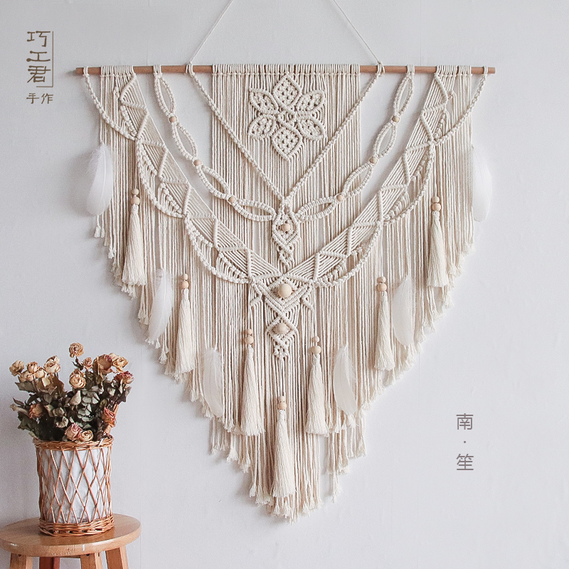 流苏挂毯棉绳编织羽毛木珠彩色壁挂床头玄关挂毯