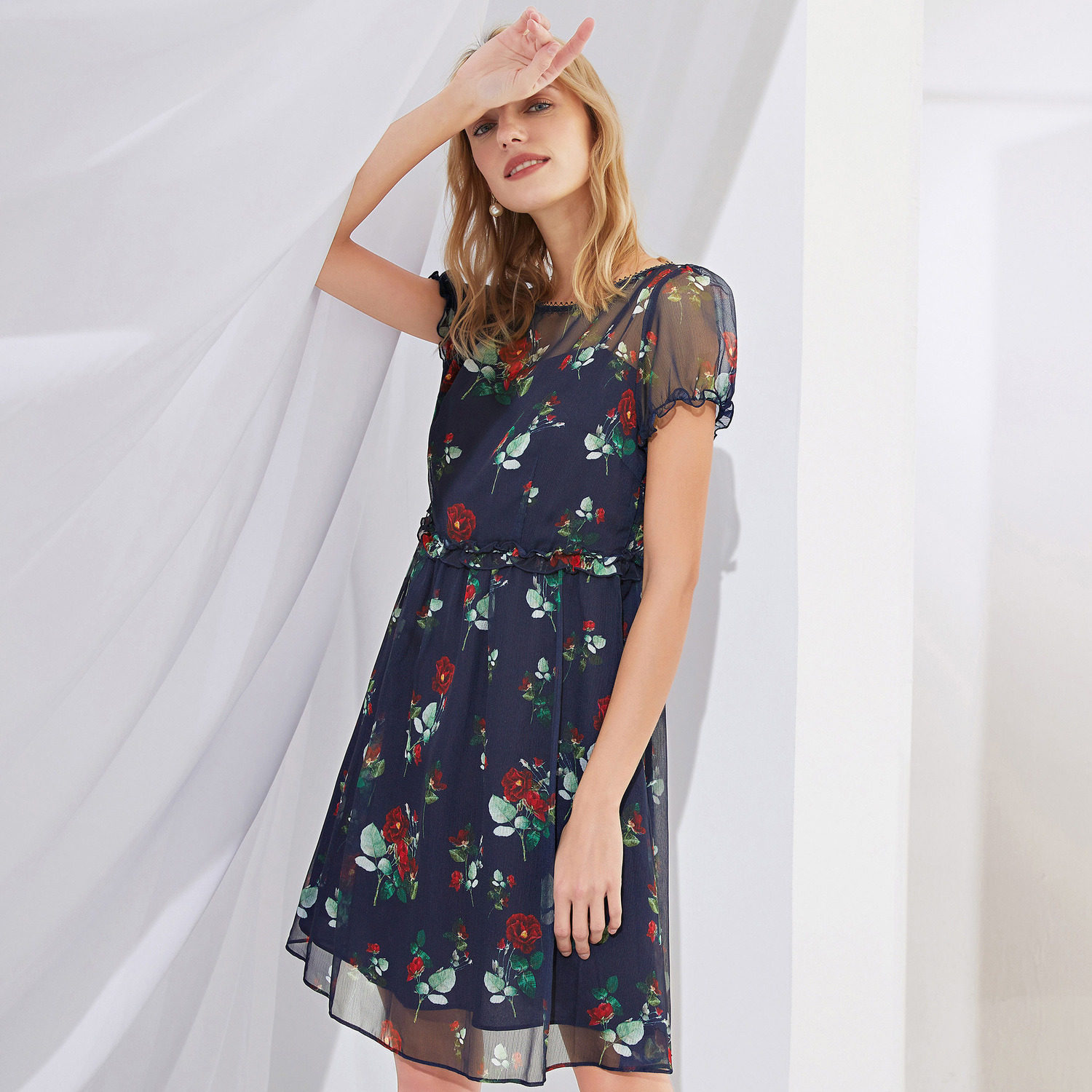 juzui/玖姿清仓outlets店女装夏装特卖印花雪纺连衣裙女收腰显瘦