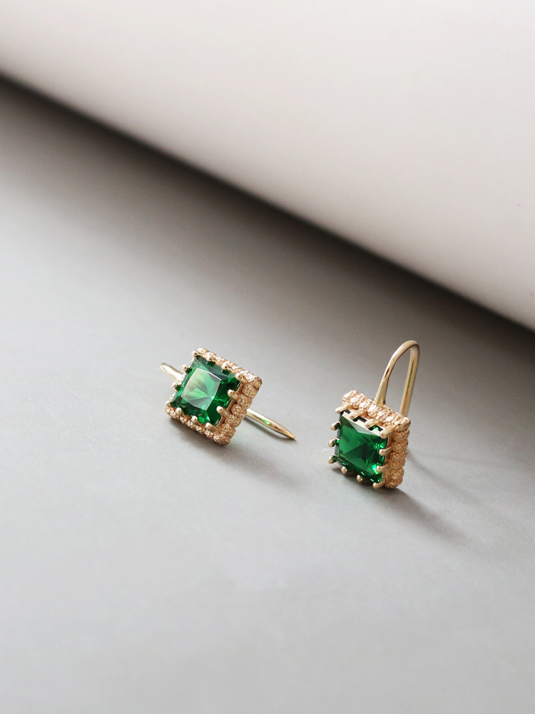 韩国挂钩耳饰耳钉黄金祖母绿镶嵌方钻气质耳环耳饰