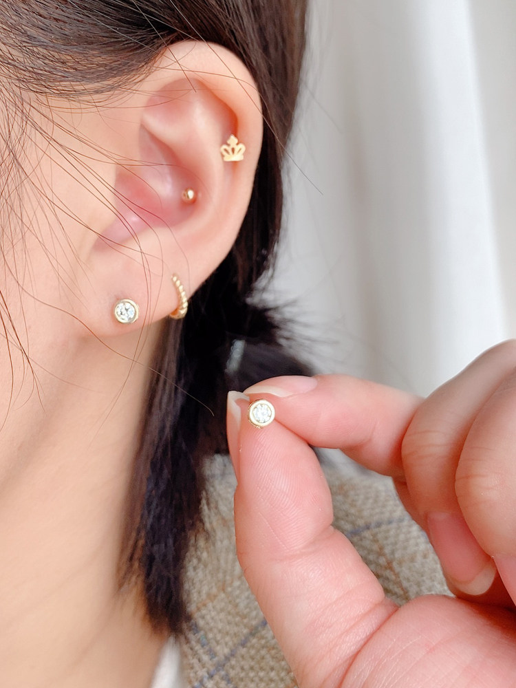 韩国10k14k黄金耳钉简约迷你圆钻金耳骨耳蜗耳饰耳饰