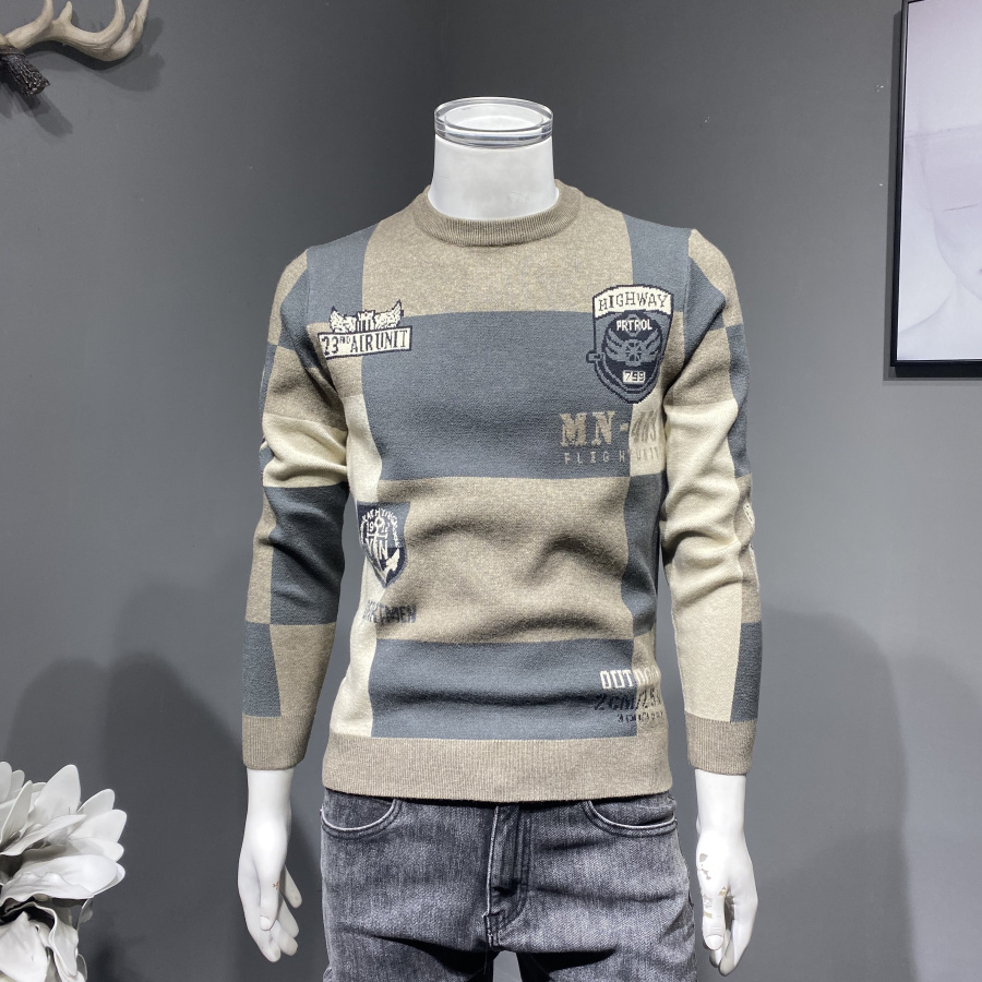 2021男士圆领拼色加厚毛衣青年韩版潮流针织衫修身百搭简约打底衫