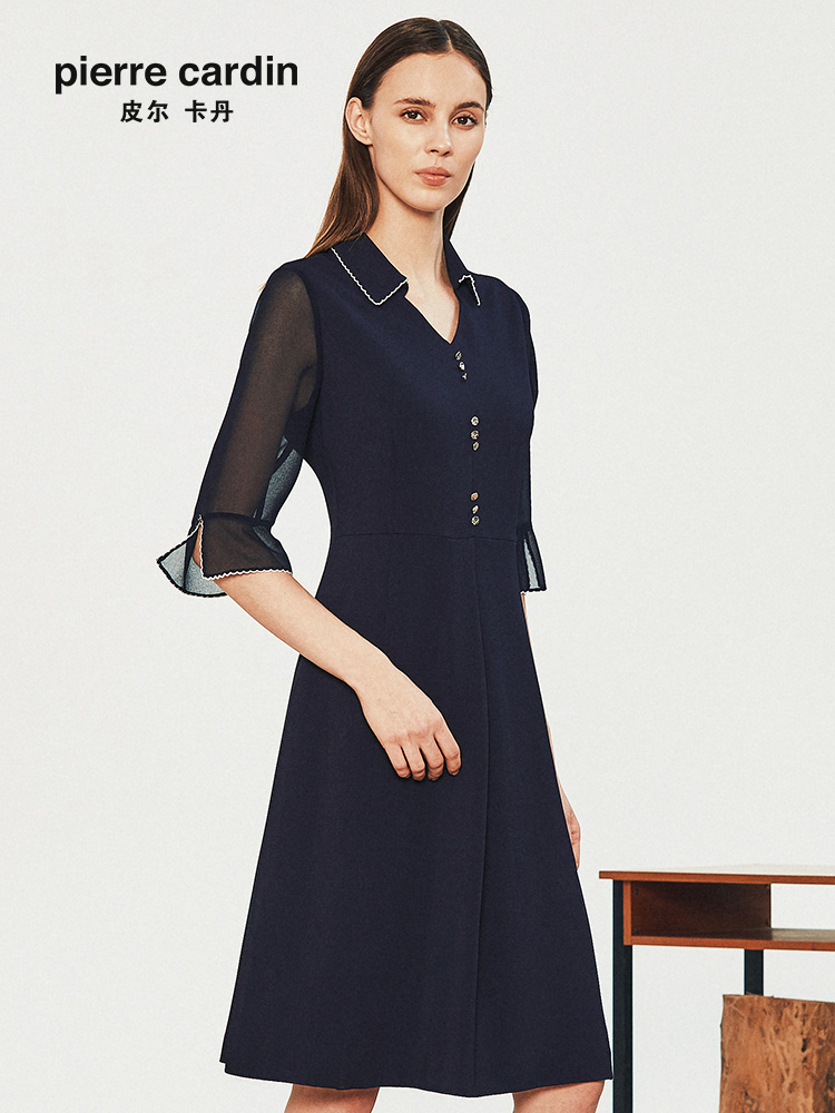 皮尔卡丹女装春款时尚知性连衣裙荷叶拼接字裙p01dl14n0连衣裙