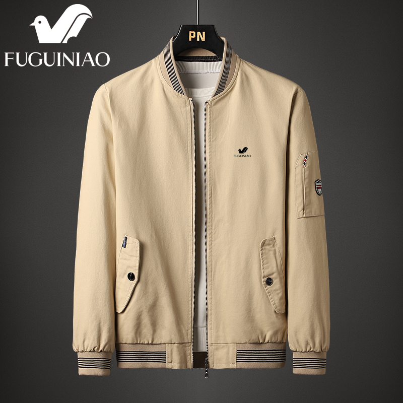 富贵鸟春秋冬季中年男士纯棉夹克衫爸爸装外套父亲休闲上衣棒球服