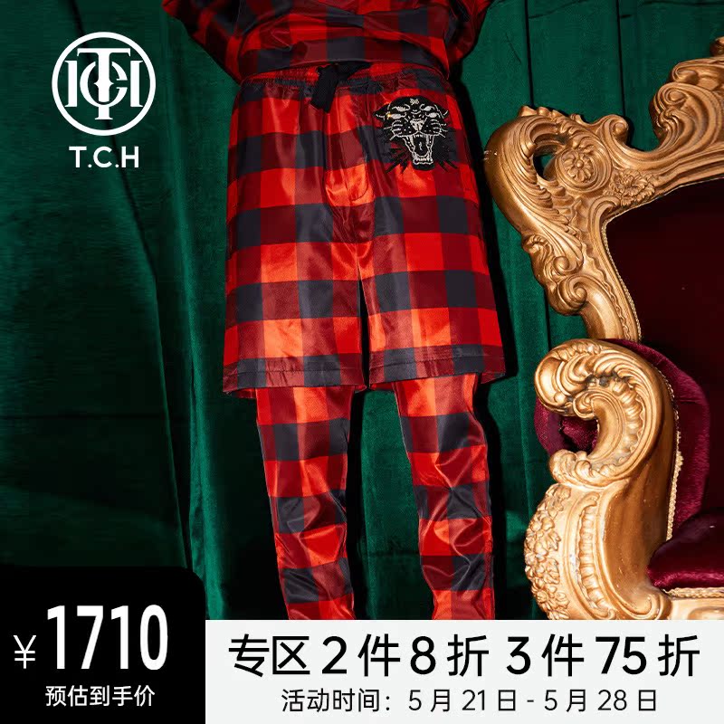 TCH潮牌烫钻松紧腰个性格纹休闲裤男女同款T213206036