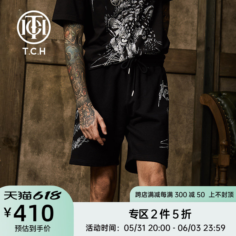 TCH潮牌大C老虎烫钻字母不对称LOGO短裤男女同款T202216009