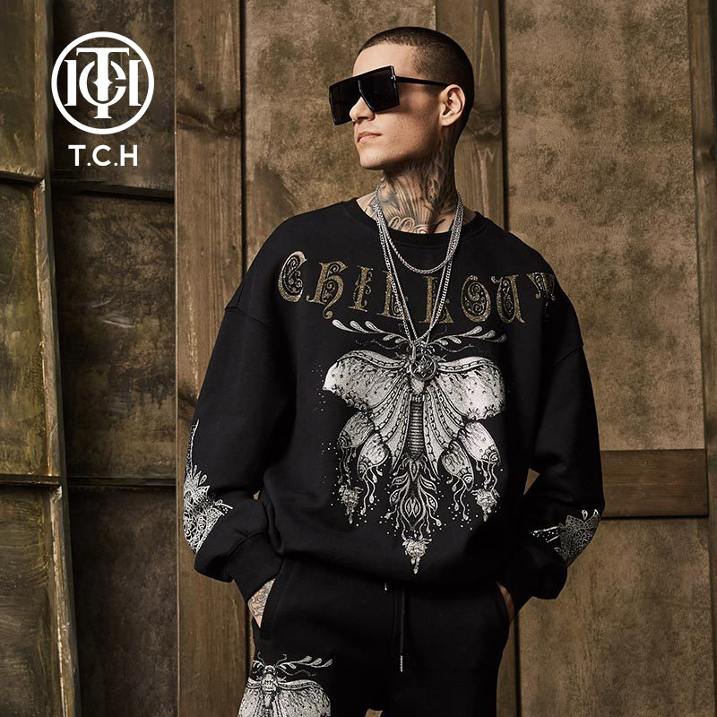 TCH潮牌大C烫钻蝴蝶字母圆领衫宽松卫衣男女同款T201116018