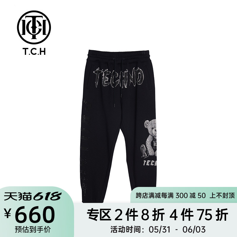 TCH轻奢潮牌球服小熊字母烫钻黑色长裤T213206001