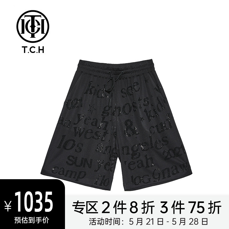 TCH轻奢潮牌烫钻松紧腰宽松休闲短裤男女同款T211216028