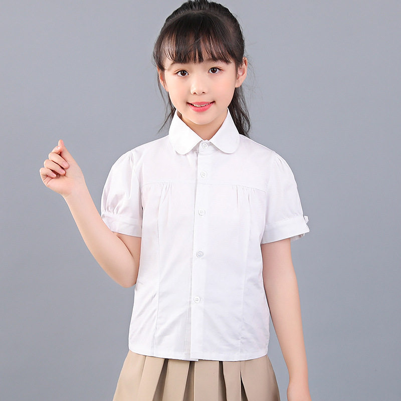 女童公主夏季纯棉校服演出小学生女孩蓝色白衬衫校服