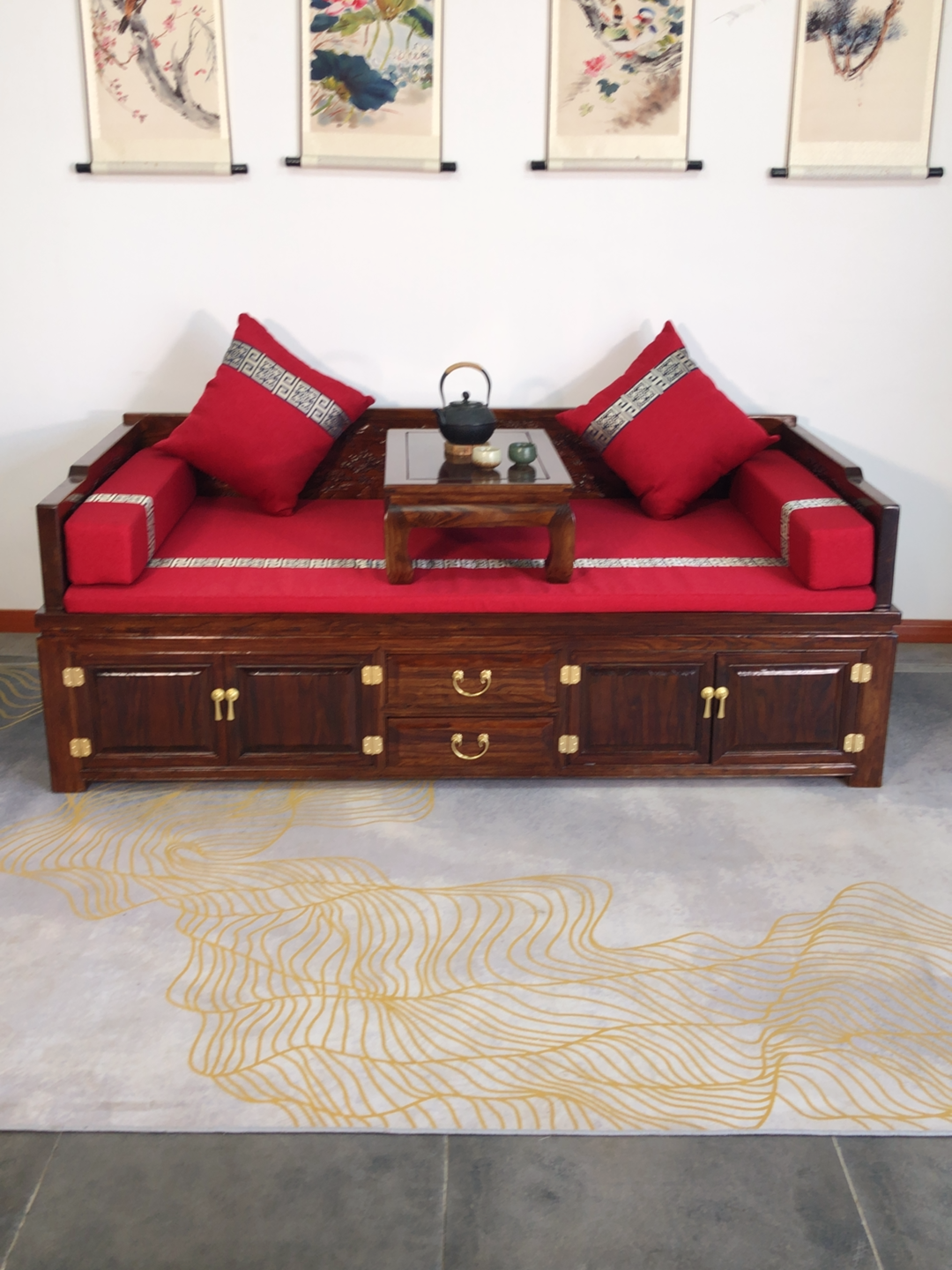 鲁班榆木箱式沙发推拉客厅户型一木罗汉床