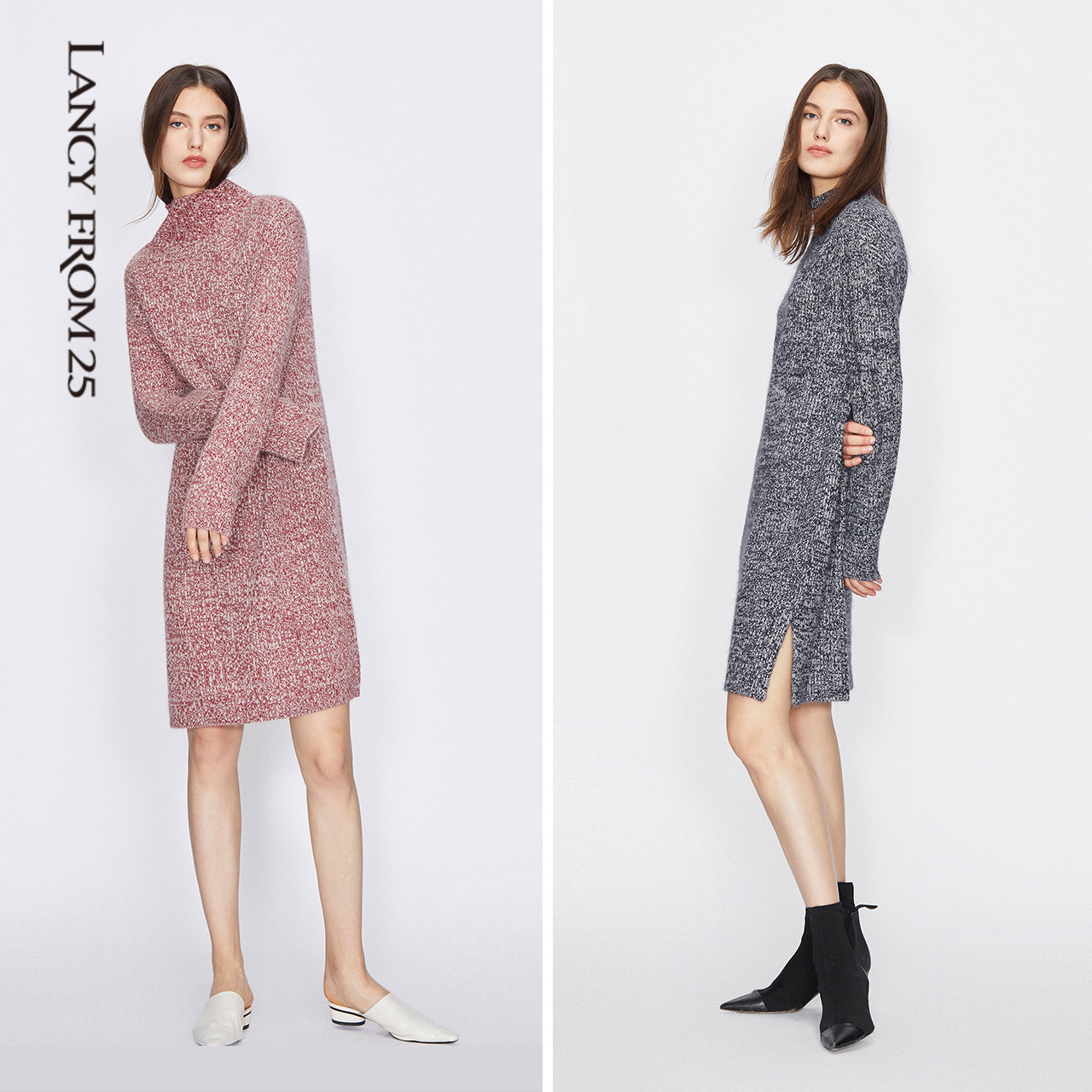 朗姿女装2019秋冬新款慵懒半高高领短款羊毛连衣裙